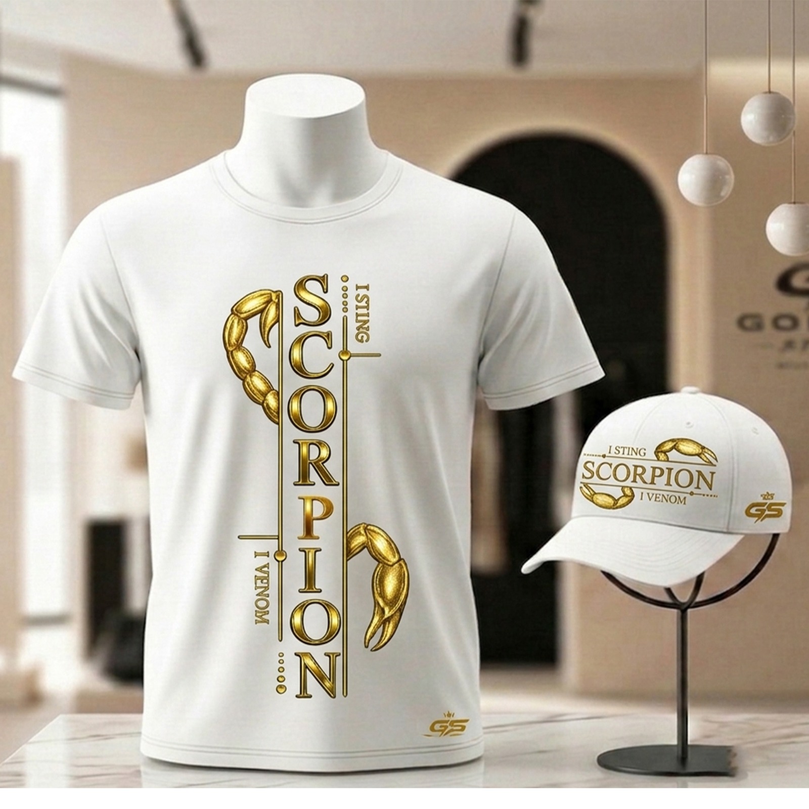 Tshirt et Casquette Scorpion Or Blanc